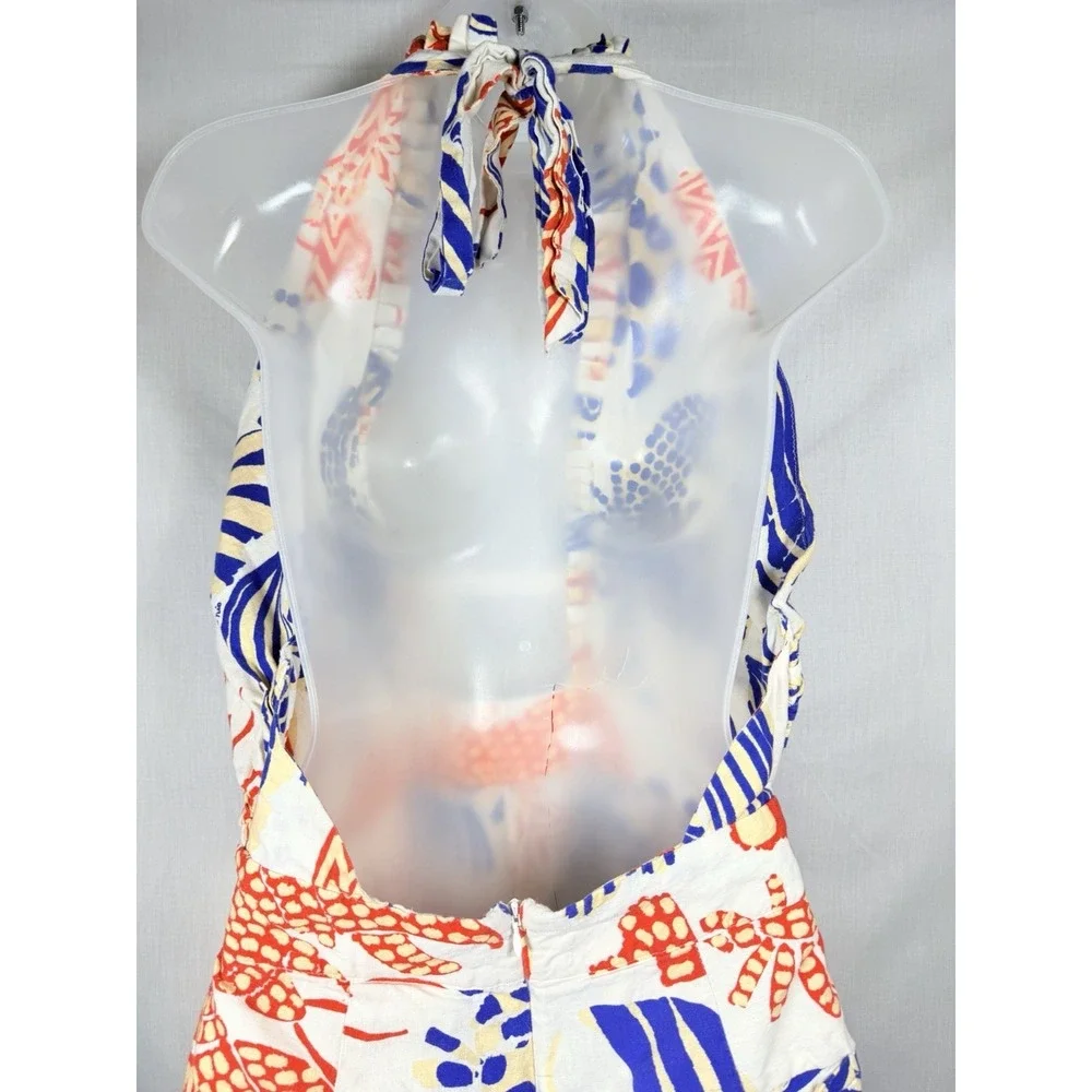 Farm Rio Mixed Lobsters Jumpsuit Womens L Halter Open Back Tropical Linen - Picture 9 of 16